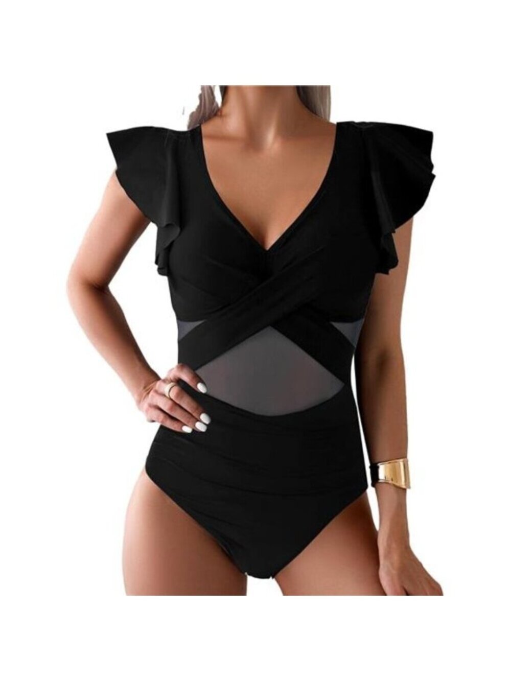 Women's One Piece Swimsuits Tummy Control Ruffle Sleeve Mesh Swimsuit